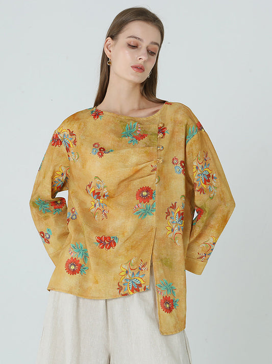 Maglietta da donna in lino con maniche lunghe e stampe floreali M2XL