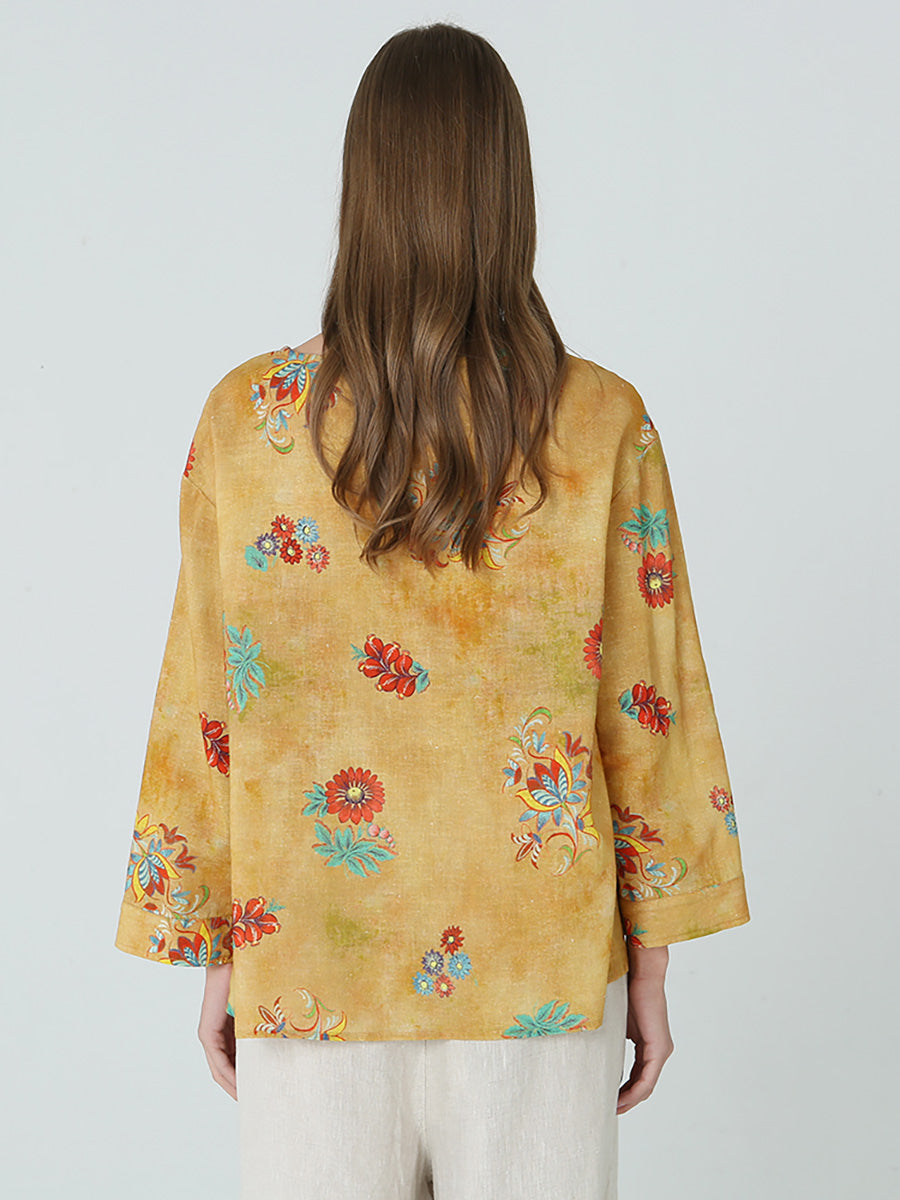 Maglietta da donna in lino con maniche lunghe e stampe floreali M2XL