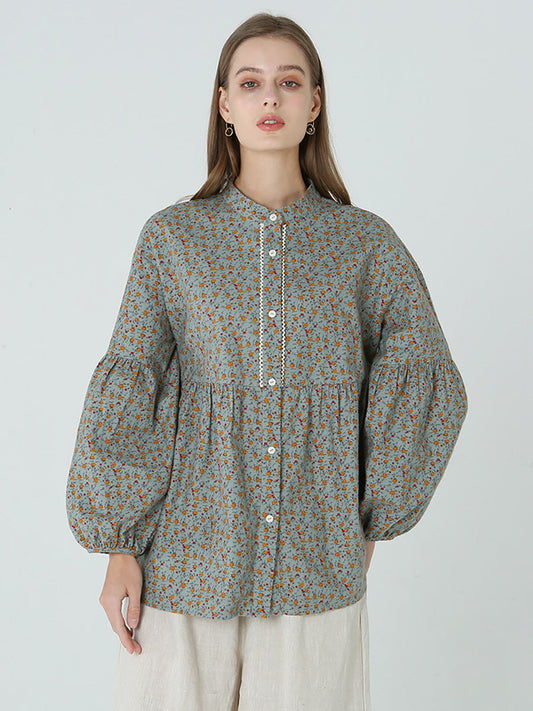 Camicia da donna primaverile a maniche lunghe con stampe floreali M2XL