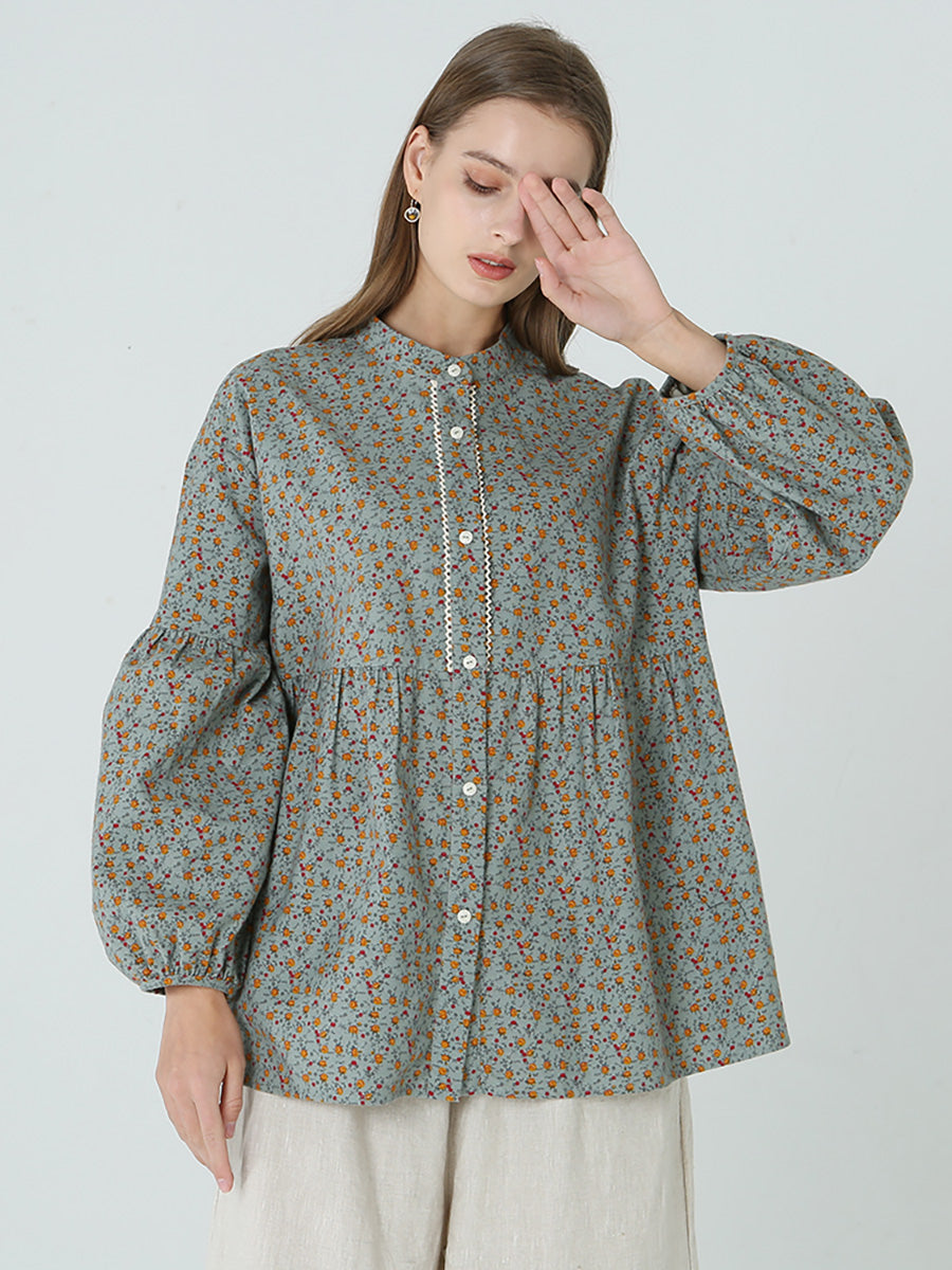 Camicia da donna primaverile a maniche lunghe con stampe floreali M2XL
