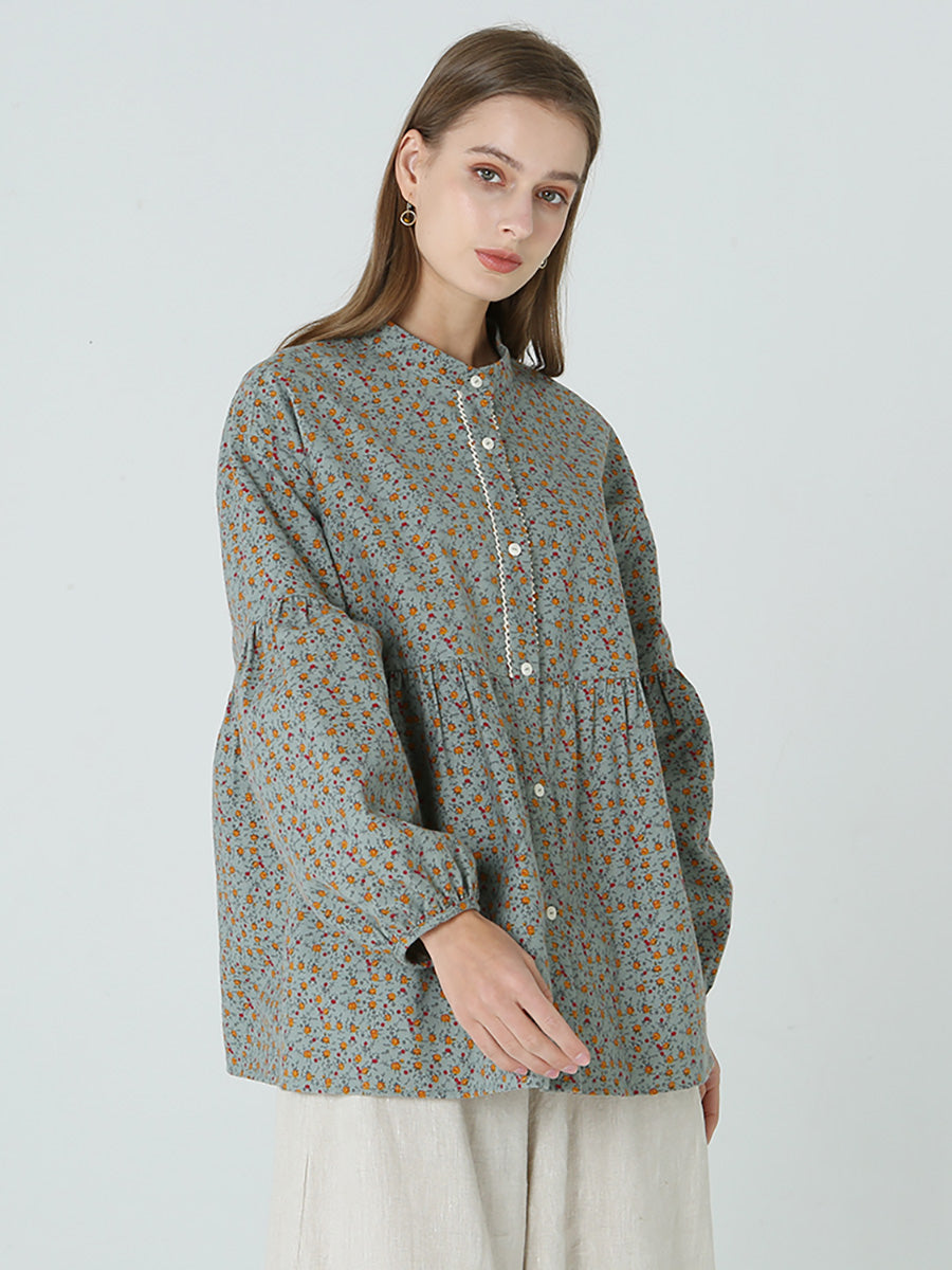 Camicia da donna primaverile a maniche lunghe con stampe floreali M2XL