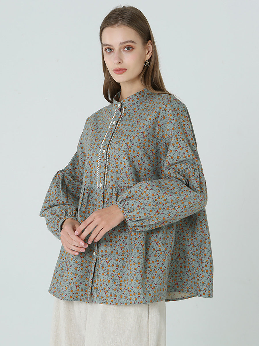 Camicia da donna primaverile a maniche lunghe con stampe floreali M2XL