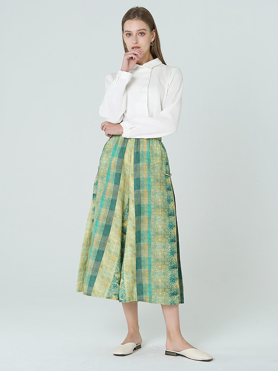 Pantaloni verdi larghi a quadri con elastico in vita da donna M2XL