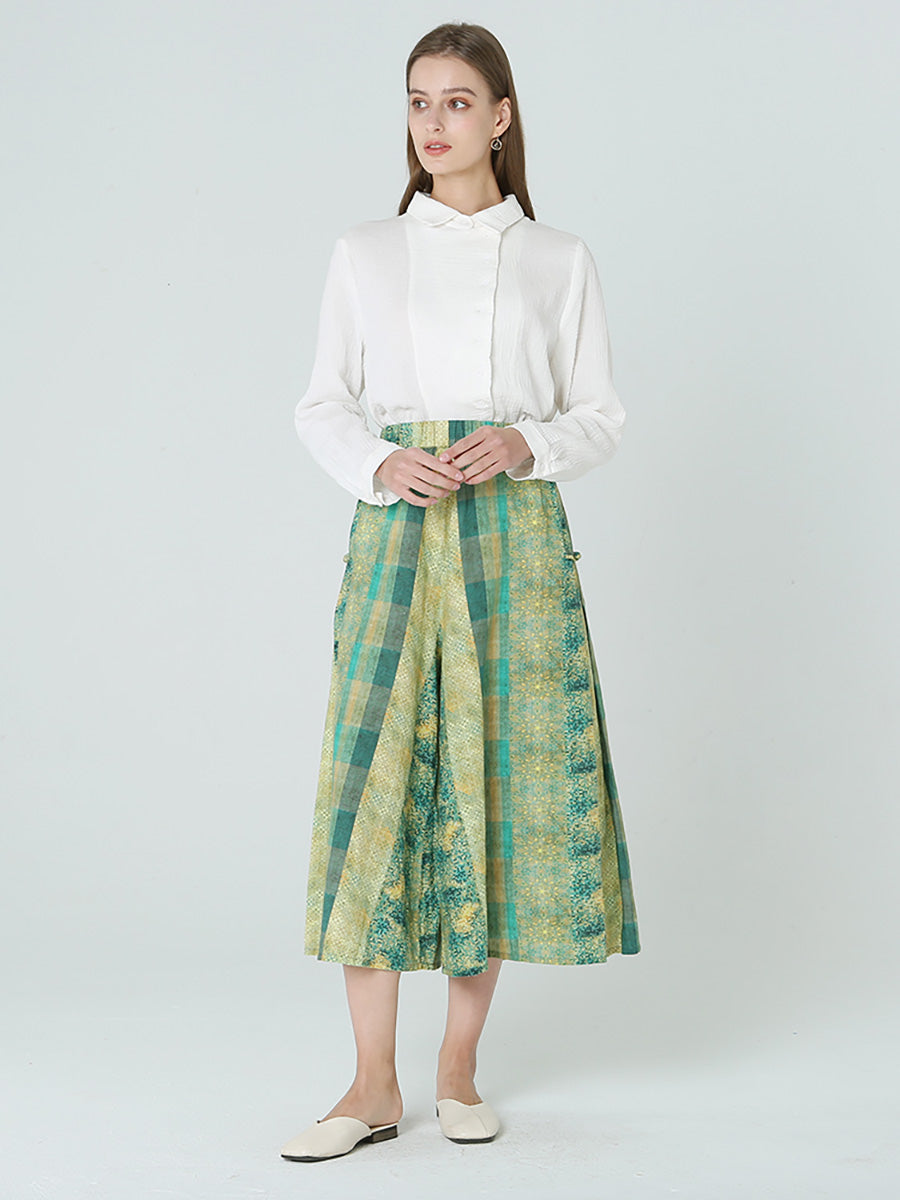 Pantaloni verdi larghi a quadri con elastico in vita da donna M2XL