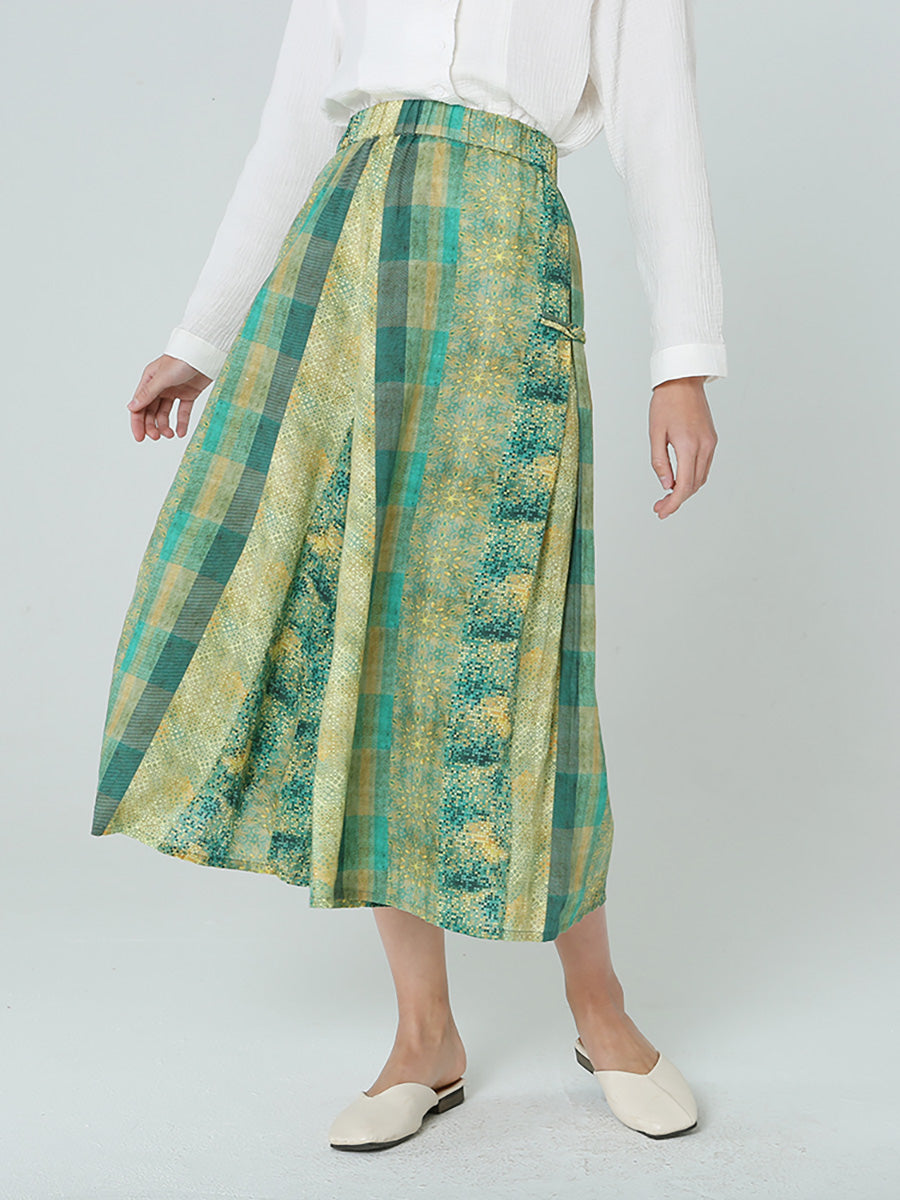 Pantaloni verdi larghi a quadri con elastico in vita da donna M2XL