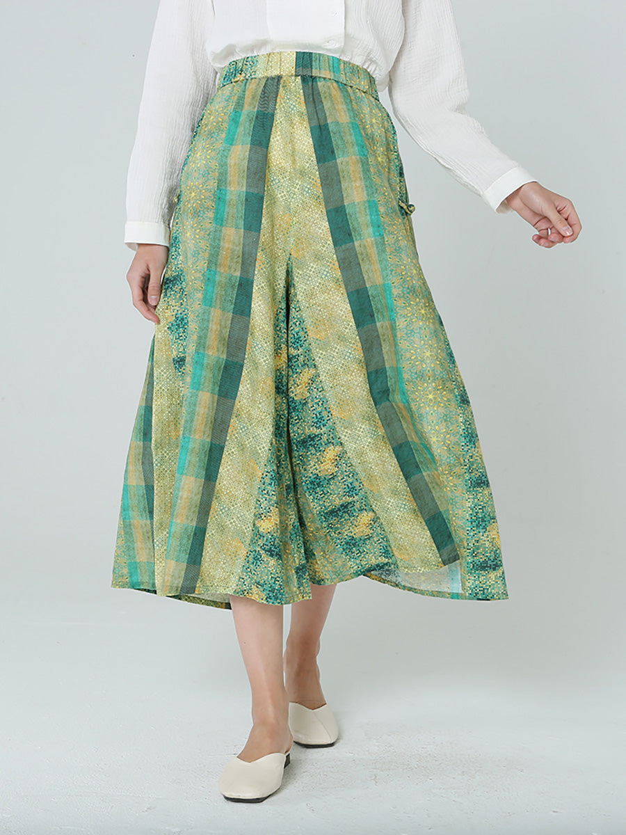 Pantaloni verdi larghi a quadri con elastico in vita da donna M2XL
