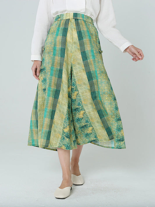 Pantaloni verdi larghi a quadri con elastico in vita da donna M2XL