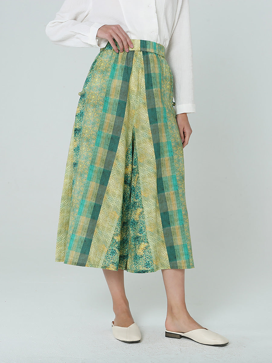 Pantaloni verdi larghi a quadri con elastico in vita da donna M2XL