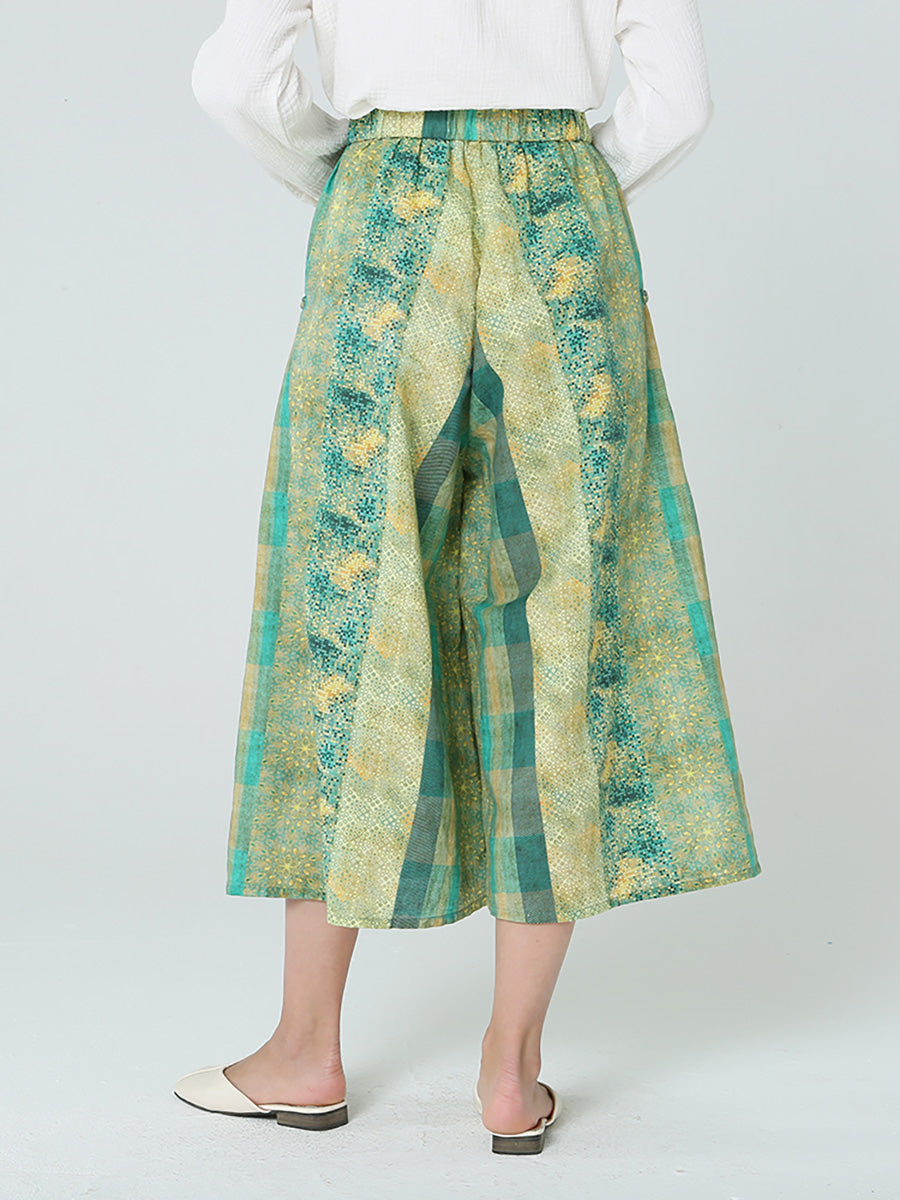 Pantaloni verdi larghi a quadri con elastico in vita da donna M2XL