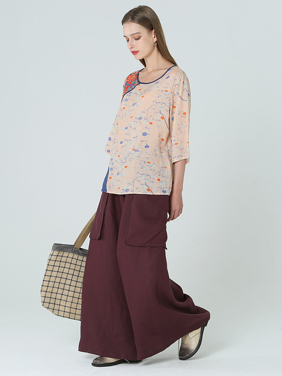 Maglietta da donna con stampa floreale, spalle cadenti, patchwork primaverile M2XL