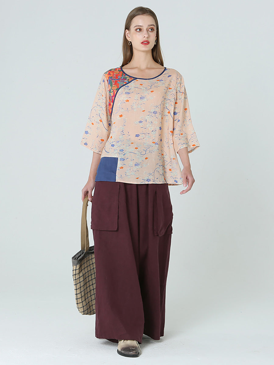 Maglietta da donna con stampa floreale, spalle cadenti, patchwork primaverile M2XL