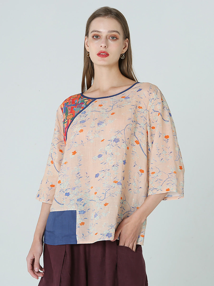 Maglietta da donna con stampa floreale, spalle cadenti, patchwork primaverile M2XL