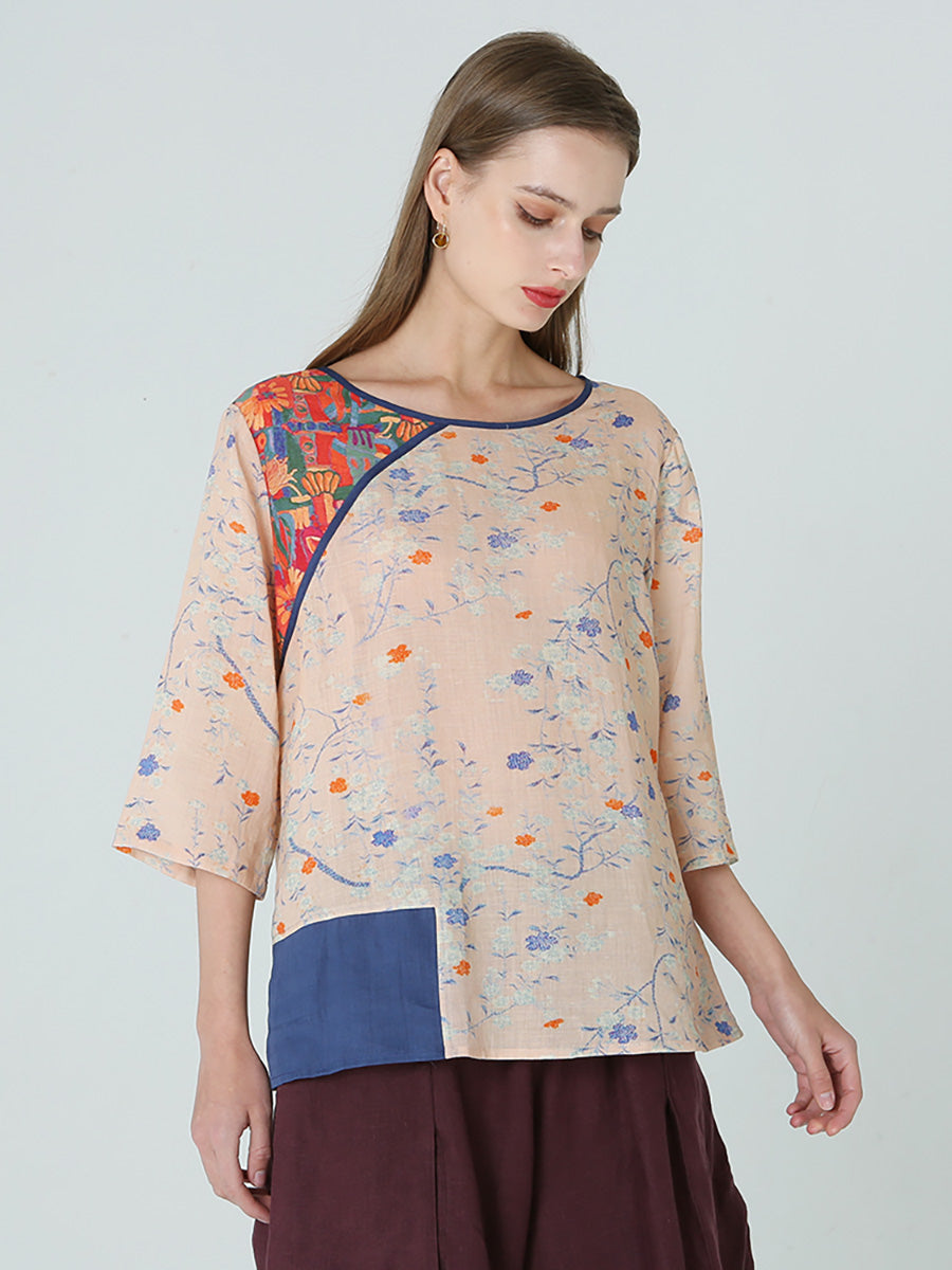 Maglietta da donna con stampa floreale, spalle cadenti, patchwork primaverile M2XL