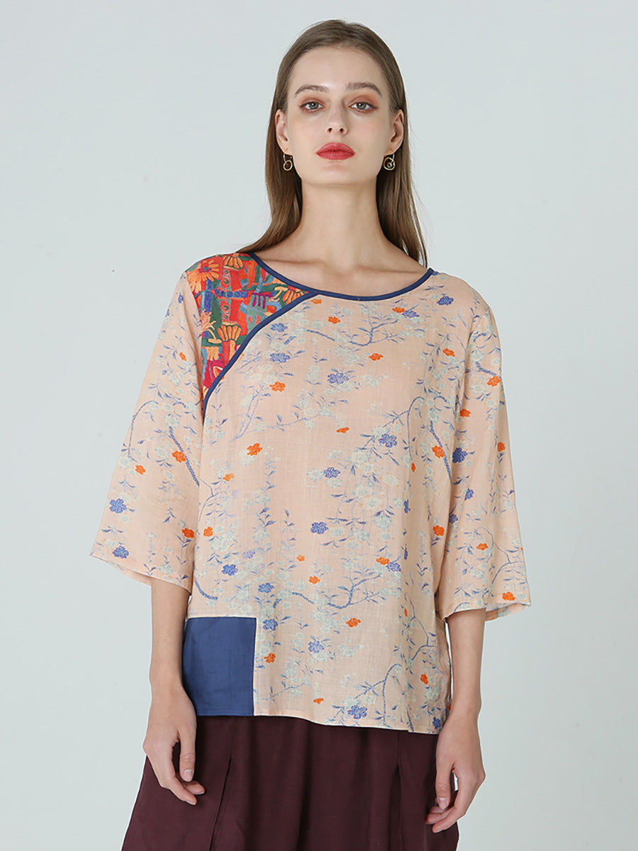 Maglietta da donna con stampa floreale, spalle cadenti, patchwork primaverile M2XL