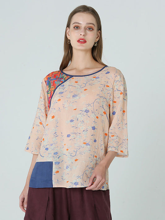 Maglietta da donna con stampa floreale, spalle cadenti, patchwork primaverile M2XL