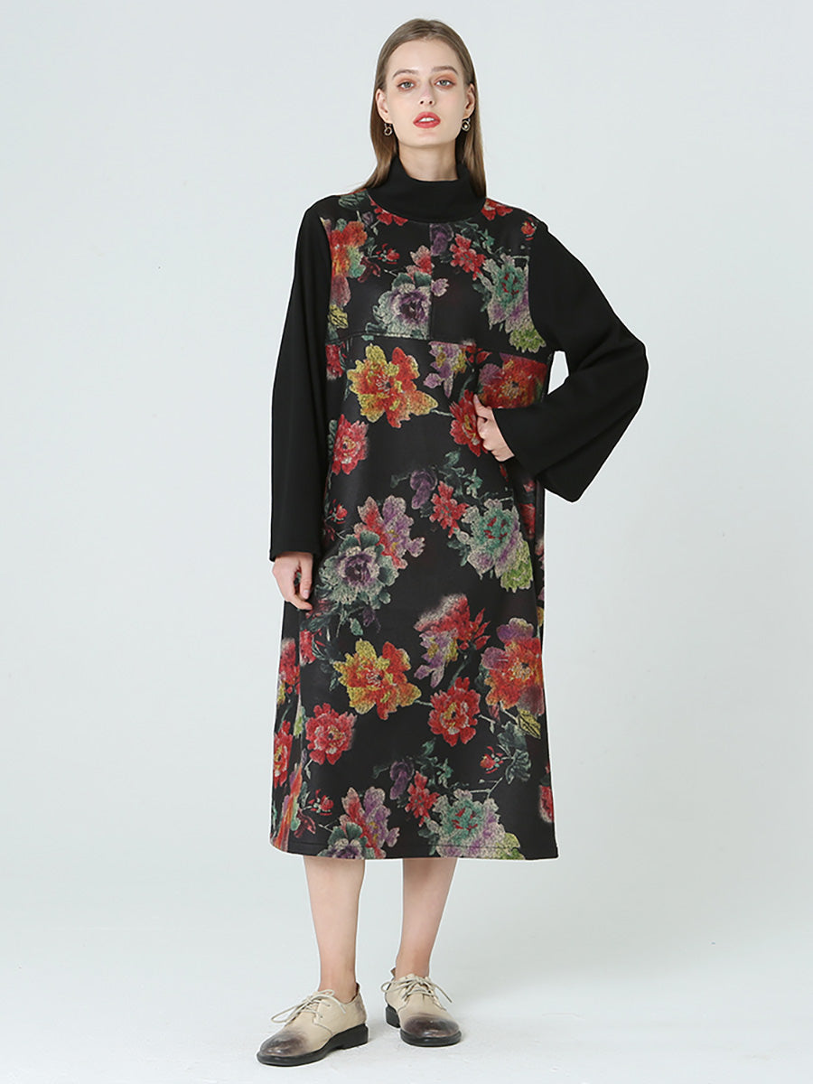 Floral Prints Turtleneck Long Sleeve Spring Winter Dress M2XL