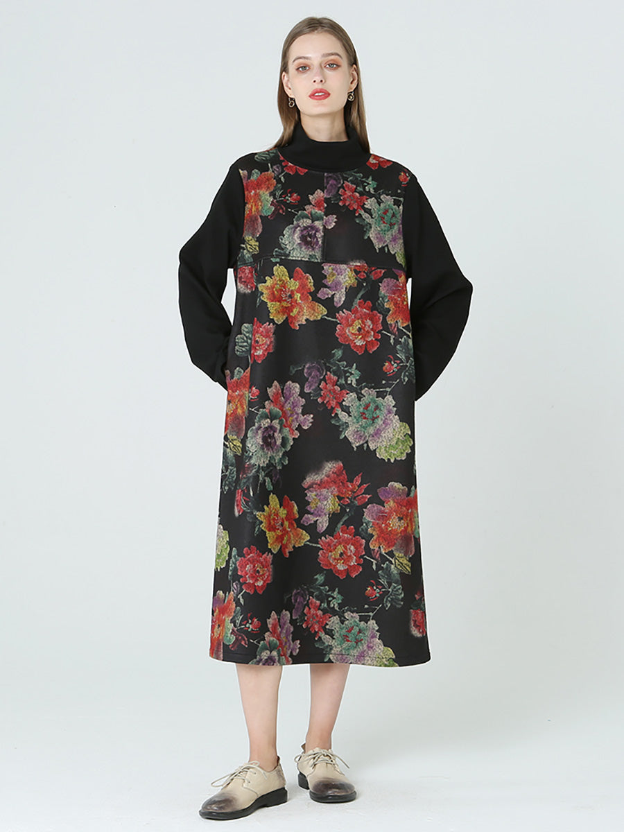 Floral Prints Turtleneck Long Sleeve Spring Winter Dress M2XL