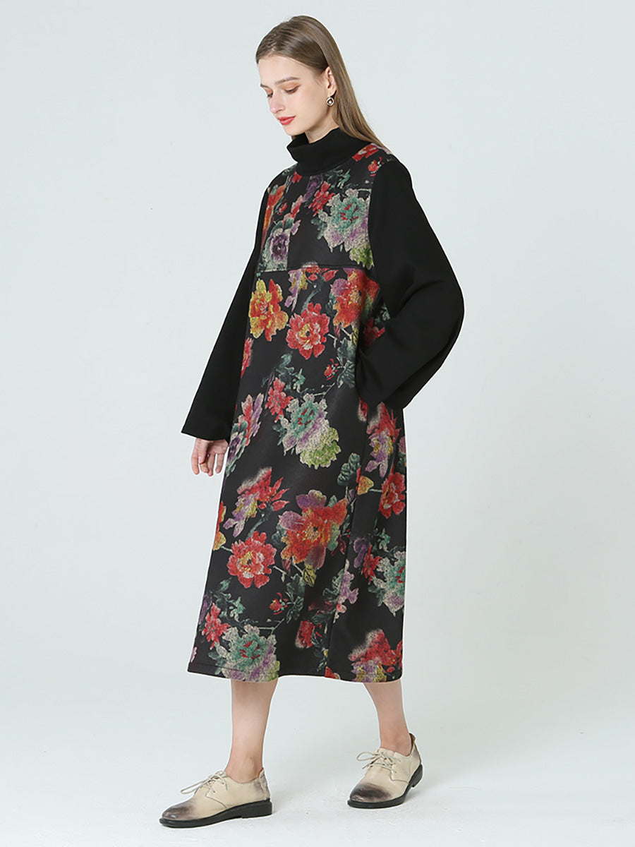 Floral Prints Turtleneck Long Sleeve Spring Winter Dress M2XL