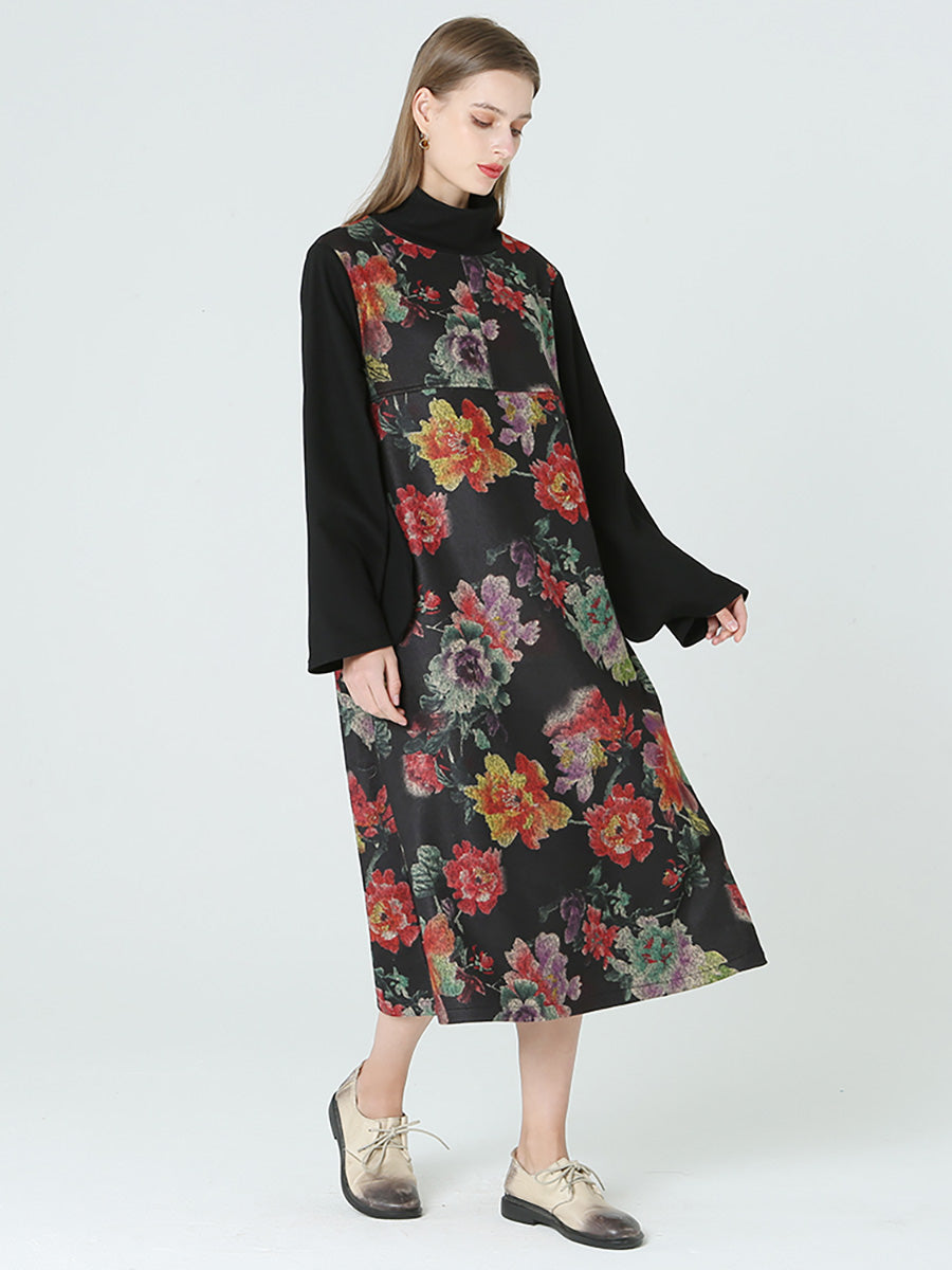 Floral Prints Turtleneck Long Sleeve Spring Winter Dress M2XL