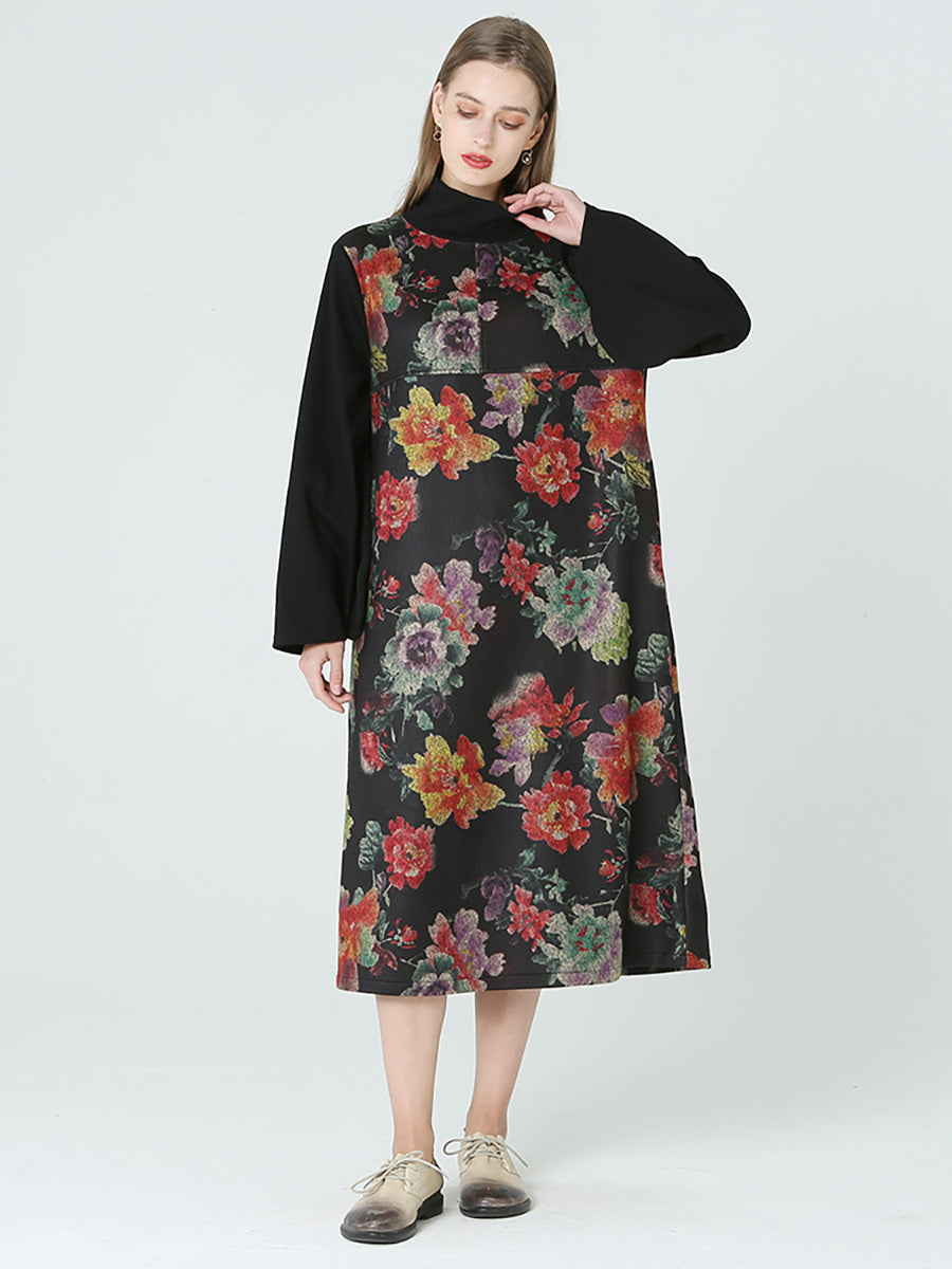 Floral Prints Turtleneck Long Sleeve Spring Winter Dress M2XL