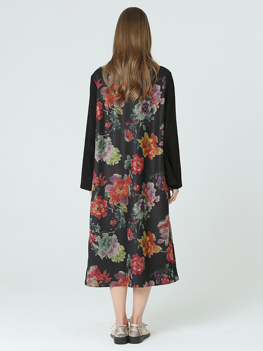 Floral Prints Turtleneck Long Sleeve Spring Winter Dress M2XL