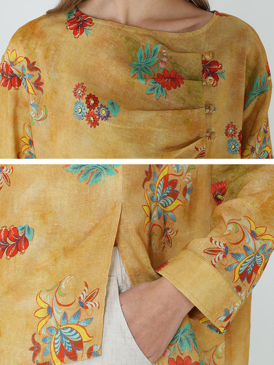 Maglietta da donna in lino con maniche lunghe e stampe floreali M2XL