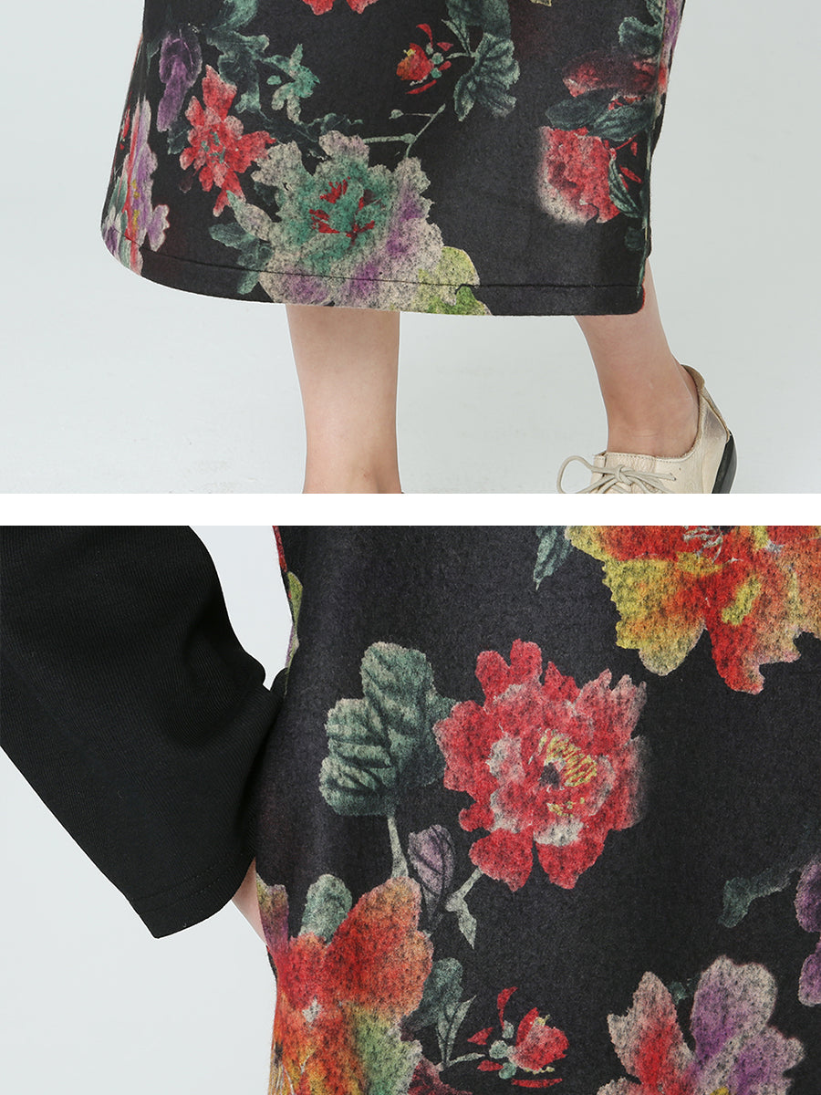 Floral Prints Turtleneck Long Sleeve Spring Winter Dress M2XL