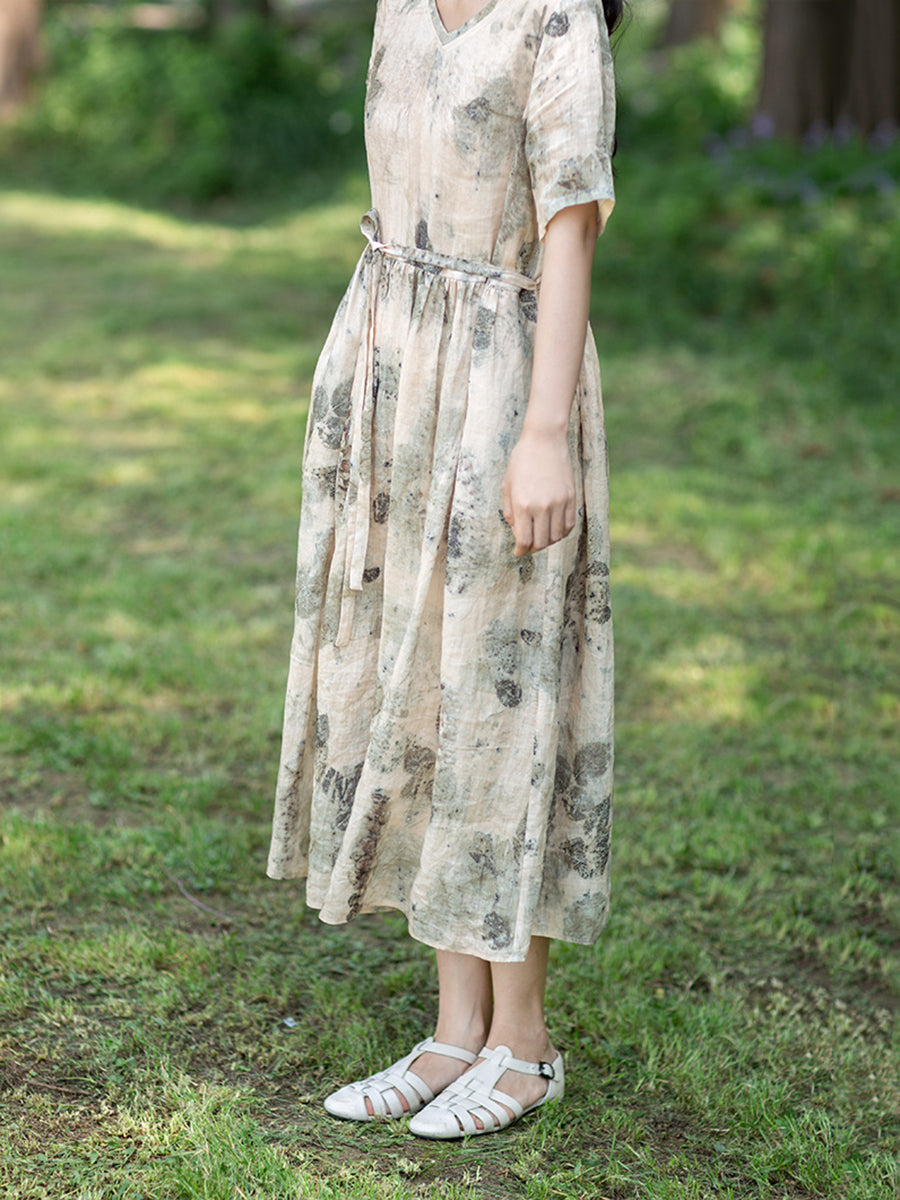 Robe en ramie à cordon de serrage et imprimé à l'encre pour femme