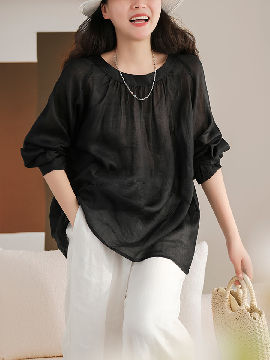 Camicia vintage estiva a maniche lunghe in ramiè da donna