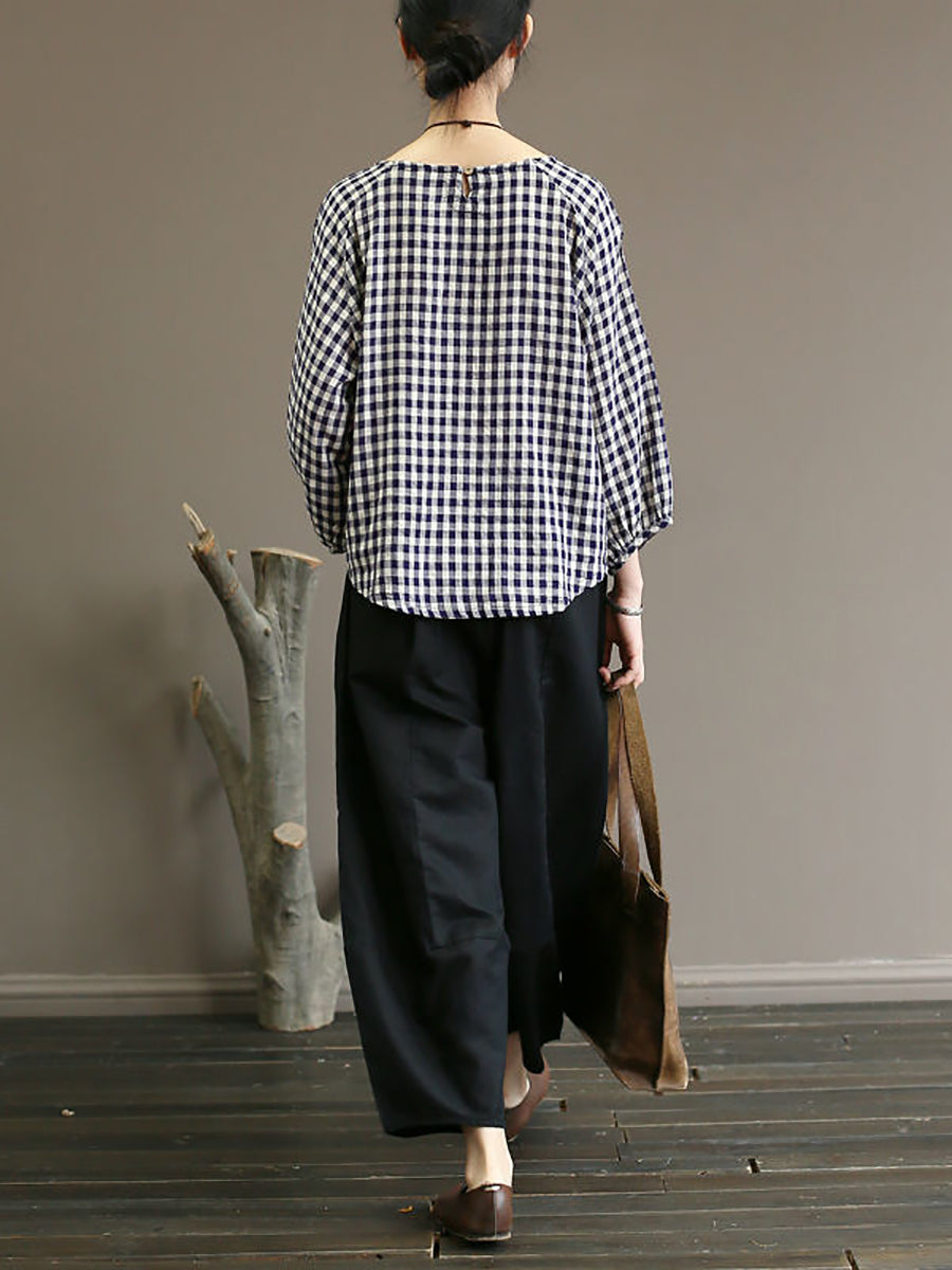 Maglione largo in cotone con motivo scozzese vintage estivo da donna
