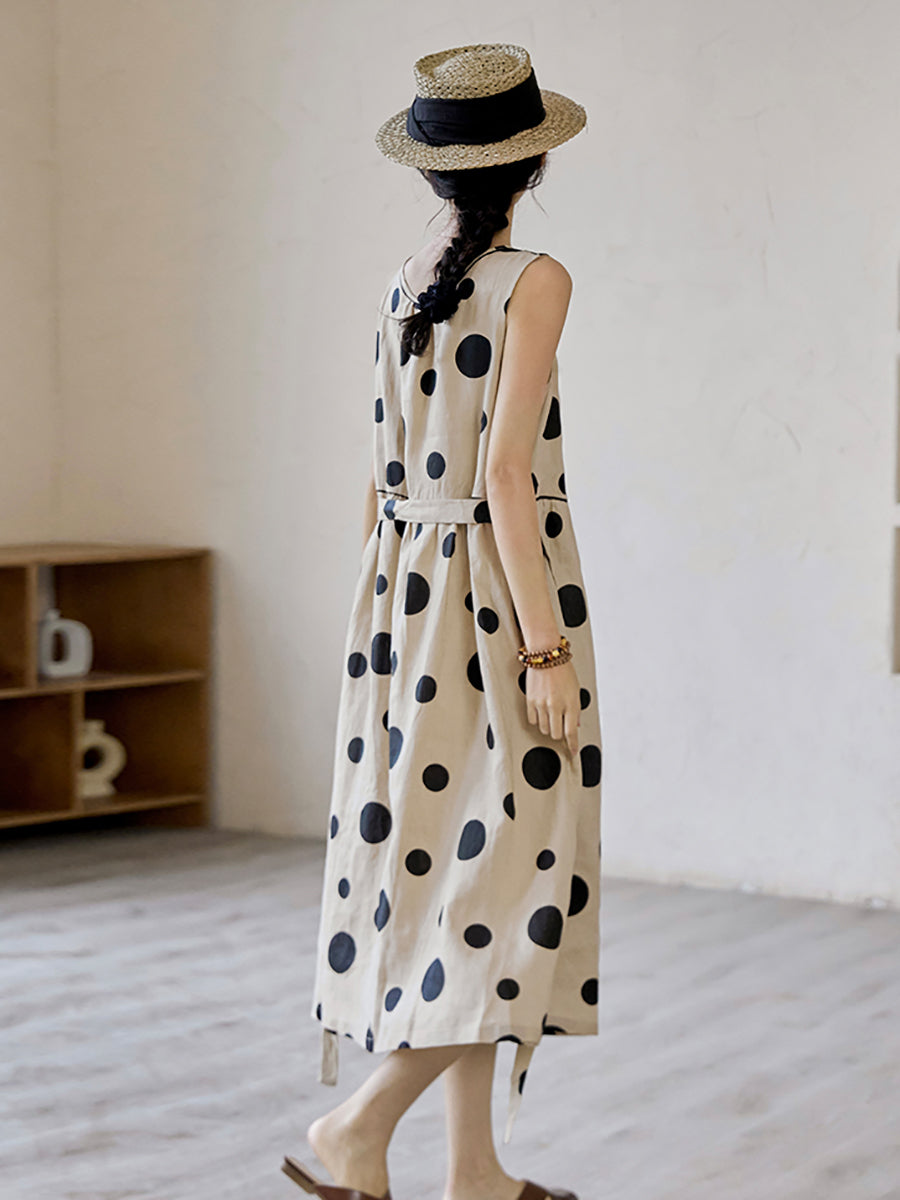 Vestito estivo casual da donna con coulisse in lino e pois
