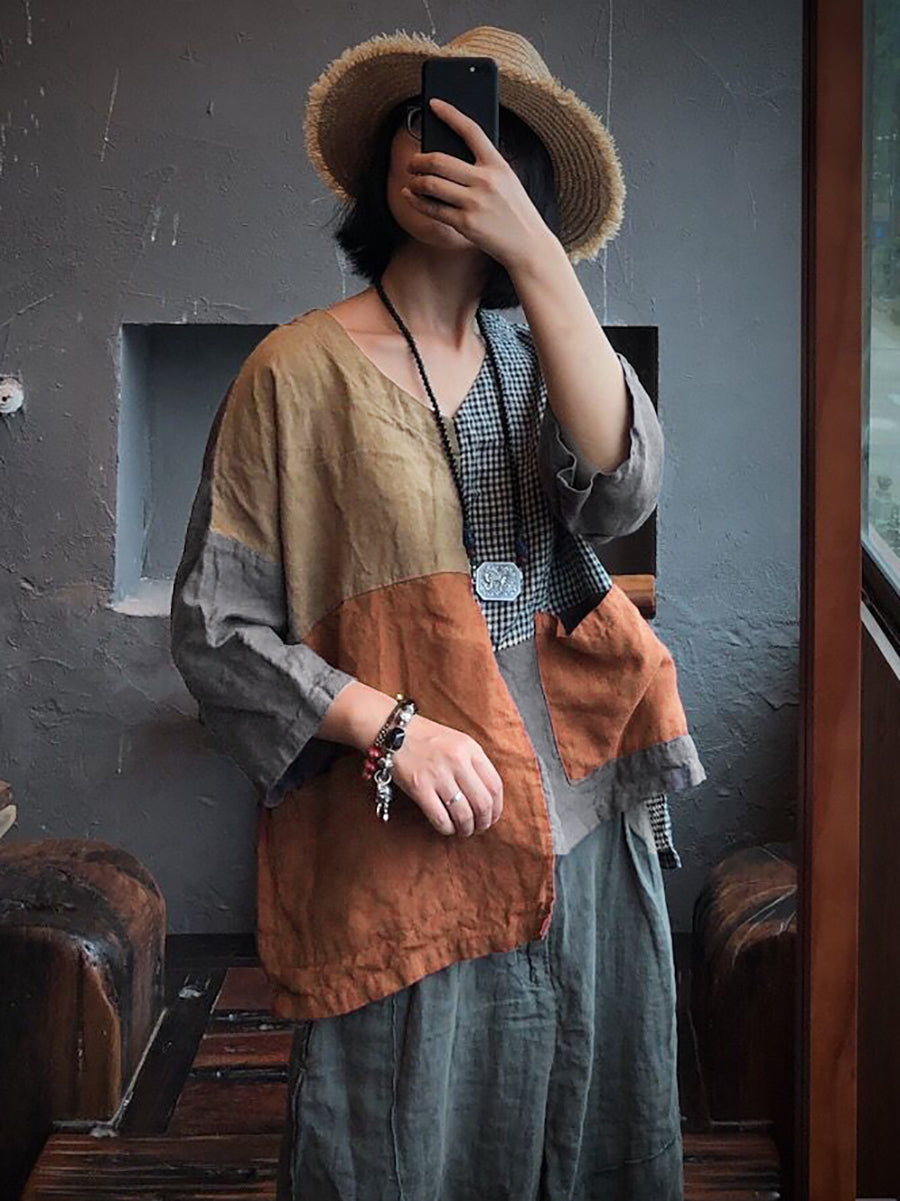 Camicia da donna in lino con toppa retrò, tasca con giunture irregolari e ampia