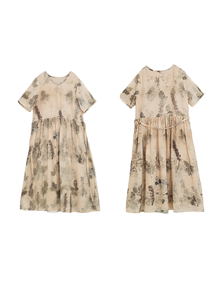 Robe en ramie à cordon de serrage et imprimé à l'encre pour femme