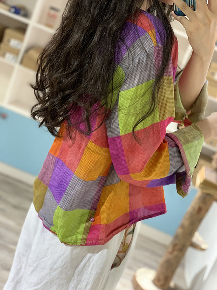Camicia con bottoni in ramiè a quadri irregolari
