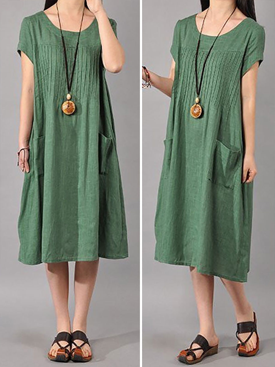 Women Cotton Linen Loose Fitting Dress in Green