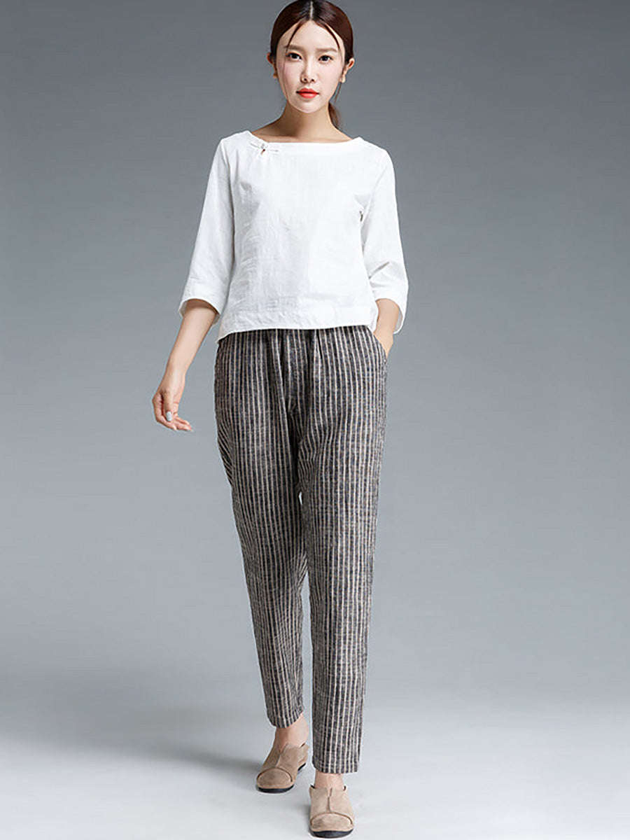 Pantaloni da donna in cotone e lino a righe