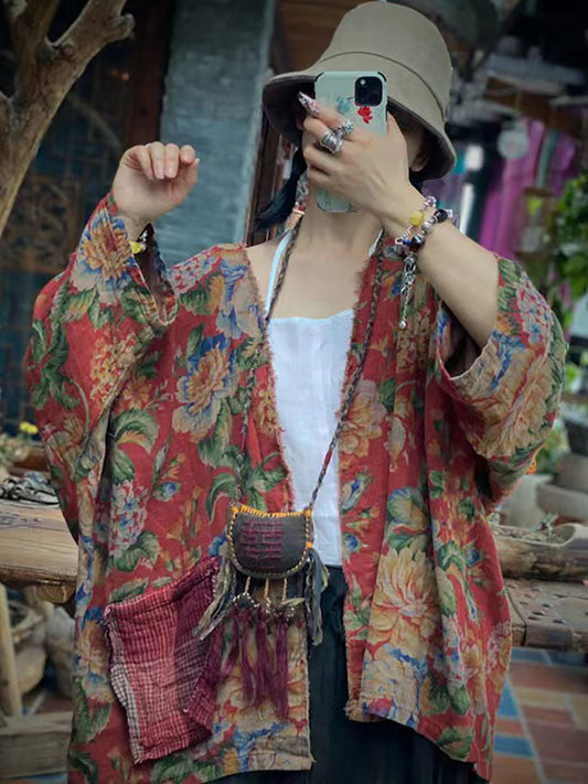 Camicia vintage ampia da donna con stampa floreale autunnale