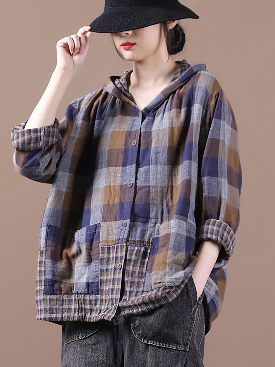 Loose Stitching Drawstring Cotton Linen Hooded Blouse Shirt