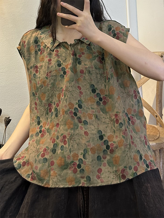 Camicia vintage estiva da donna con bottoni a forma di fiore in ramiè