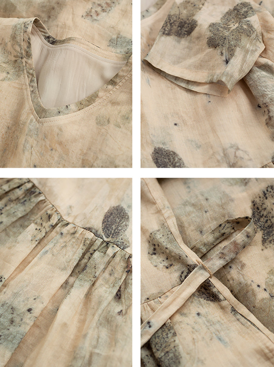 Robe en ramie à cordon de serrage et imprimé à l'encre pour femme