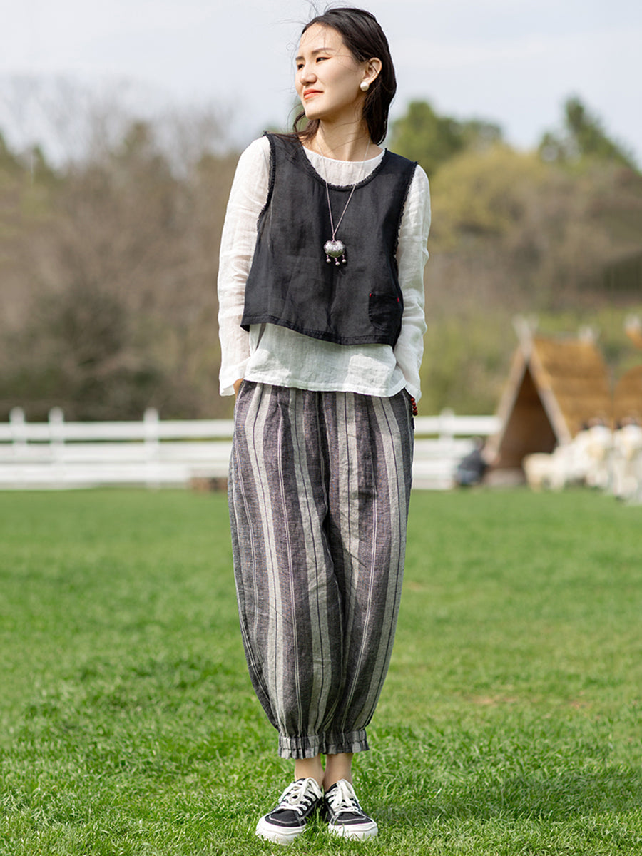Women Retro Stripe Yarndyed Pocket Linen Harem Pants