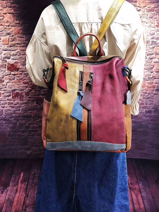Zaino con cerniera in pelle multicolore da donna