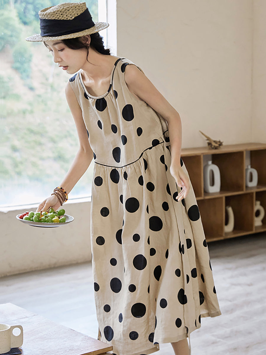 Vestito estivo casual da donna con coulisse in lino e pois