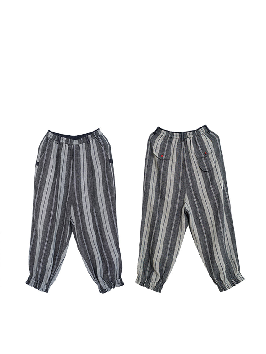 Women Retro Stripe Yarndyed Pocket Linen Harem Pants