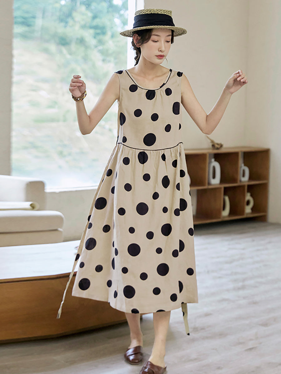 Vestito estivo casual da donna con coulisse in lino e pois