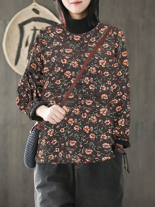 Camicia in cotone con collo a mezza altezza e fiore vintage