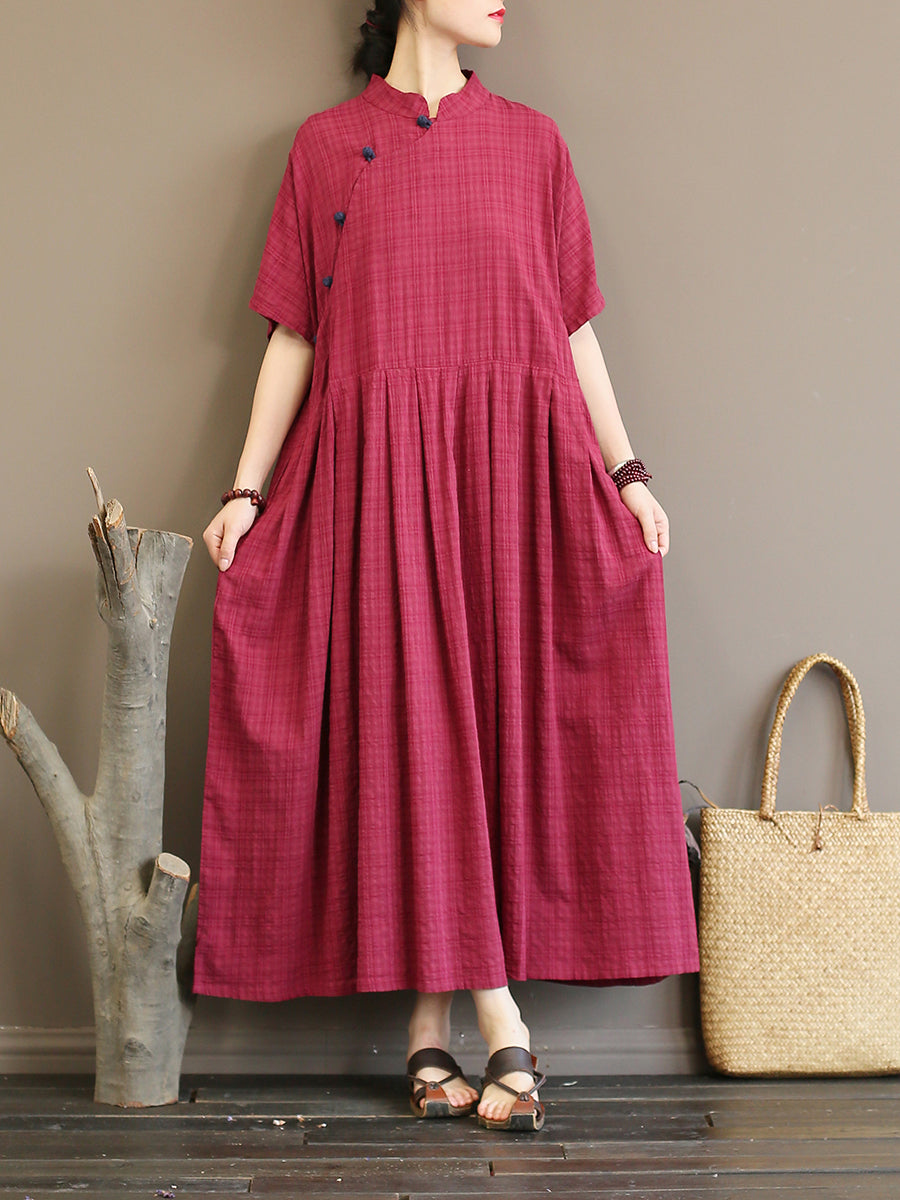 Pleated Plaid Vintage Women Chinese Style Dress