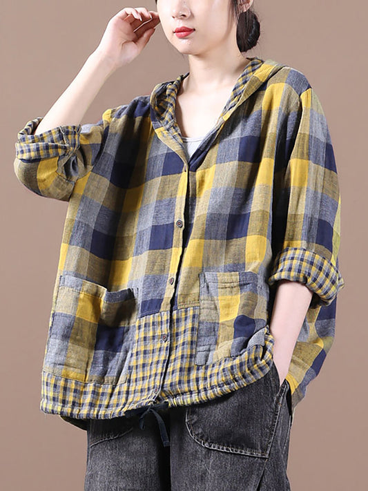 Camicia con cappuccio in lino e cotone con coulisse e cuciture larghe
