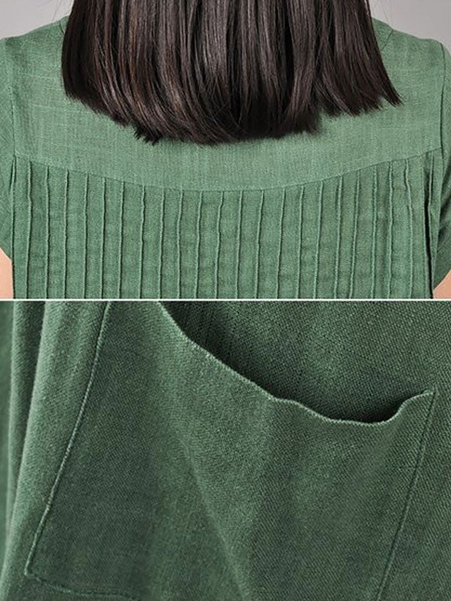 Women Cotton Linen Loose Fitting Dress in Green