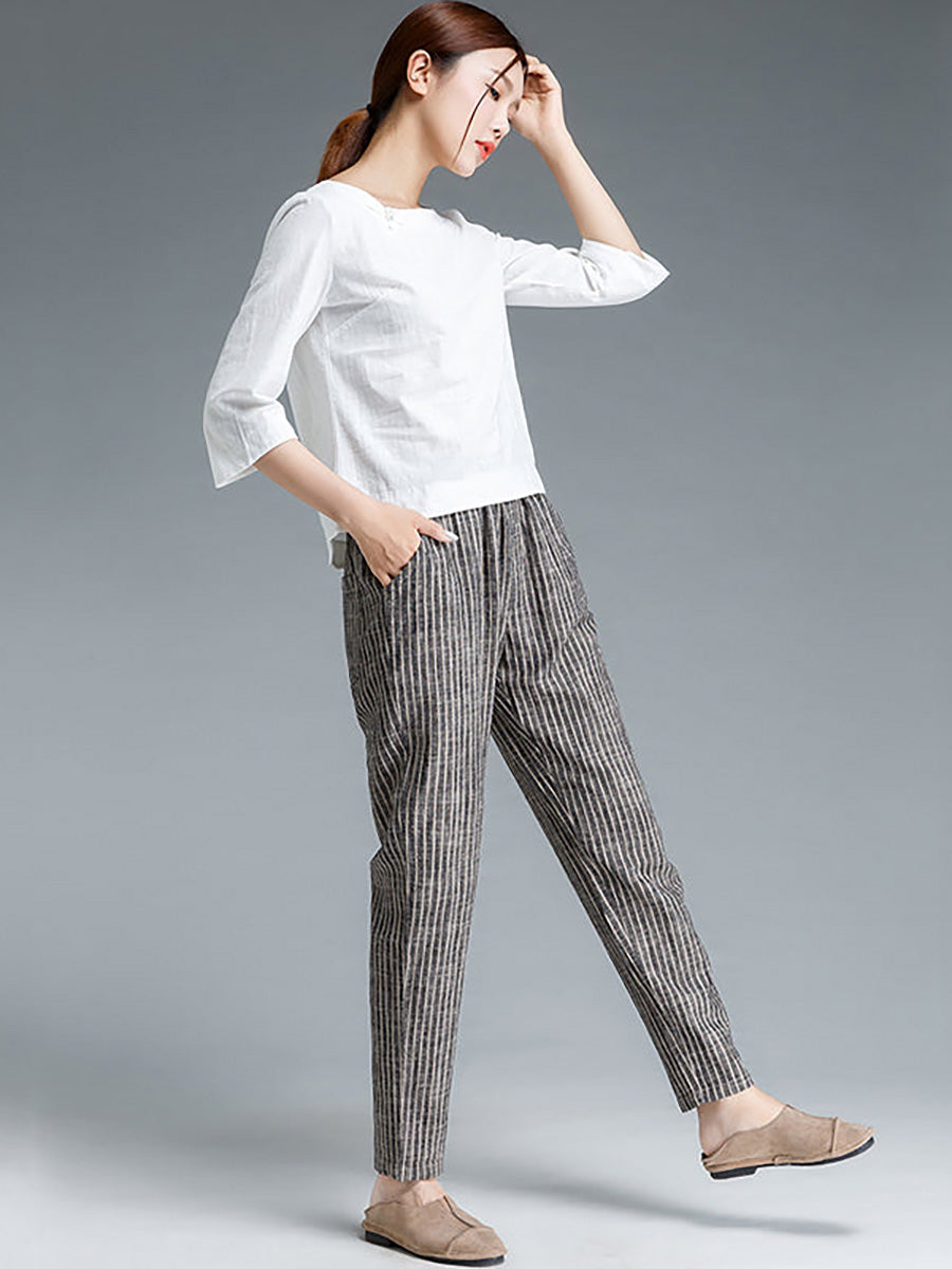 Pantaloni da donna in cotone e lino a righe